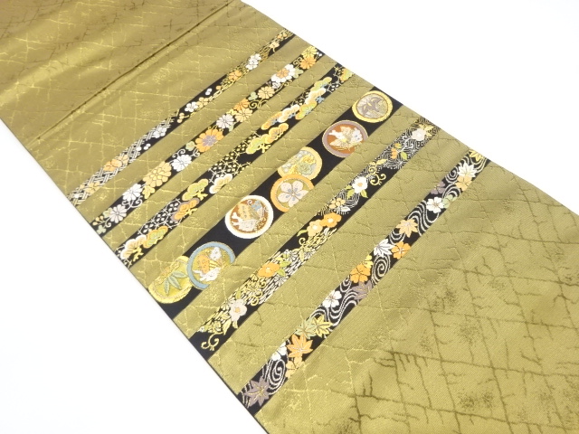 横段に蝶・花・古典柄織り出し袋帯